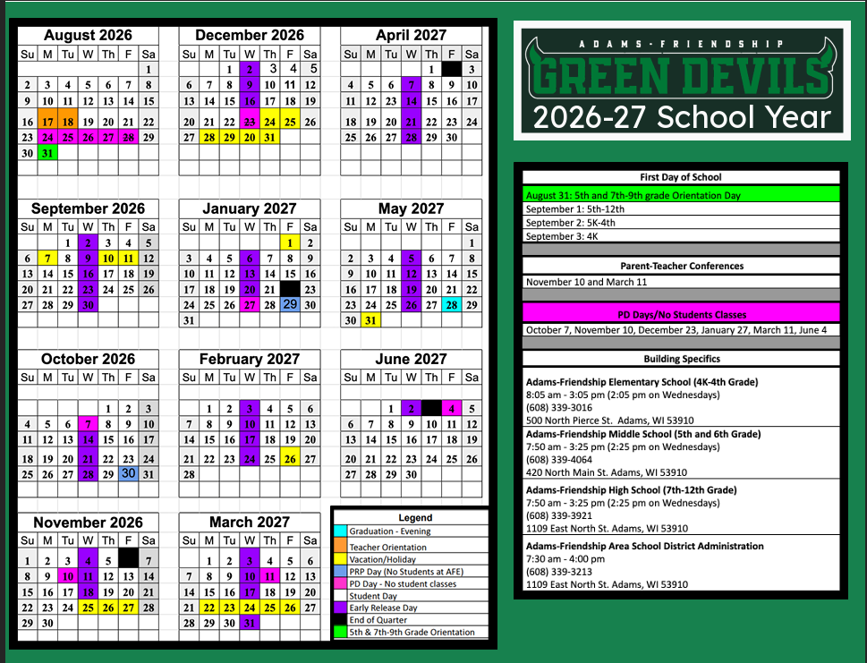 2026-2027 School District Calendar